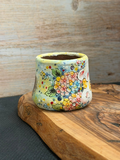 Hand Painted Winged Rabbit Pot with Hydrangeas