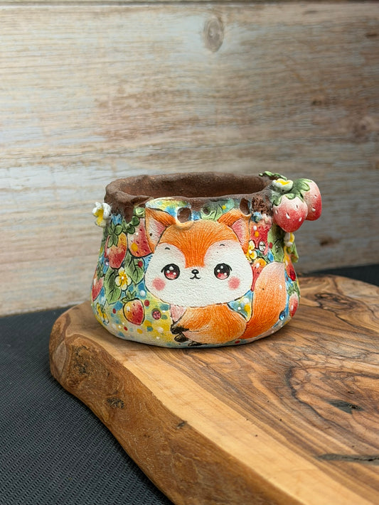 Hand Painted Fox with Strawberries and flowers