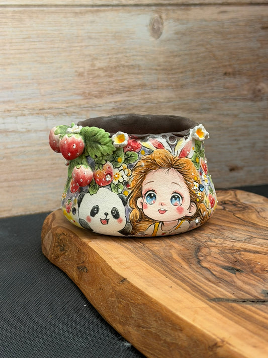 Hand Painted Bunny Eared Girl, Panda and 3D Strawberries