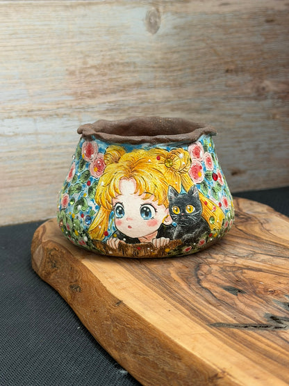 Hand painted Sailor Moon Themed Featuring Roses and Luna the Cat