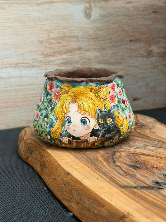 Hand painted Sailor Moon Themed Featuring Roses and Luna the Cat
