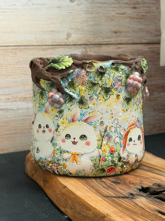 Hand Painted Bunny Friends with 3D Grapes accent and Flowers