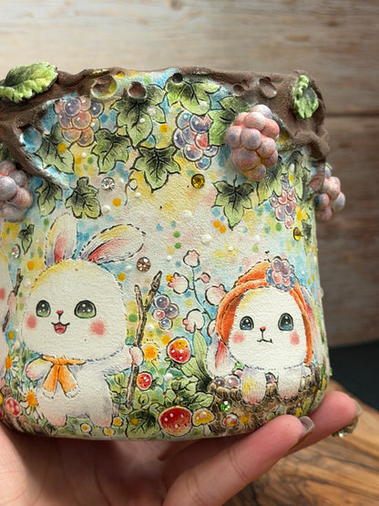 Hand Painted Bunny Friends with 3D Grapes accent and Flowers
