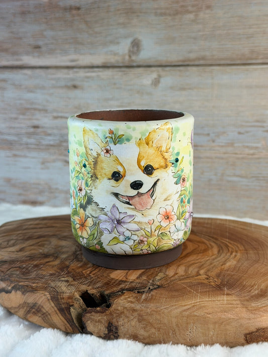 Hand painted Corgi Dog in a Flower Garden