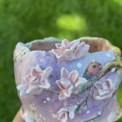 Lavender Pink Saucer Magnolia Tree with Lady Bugs Planter
